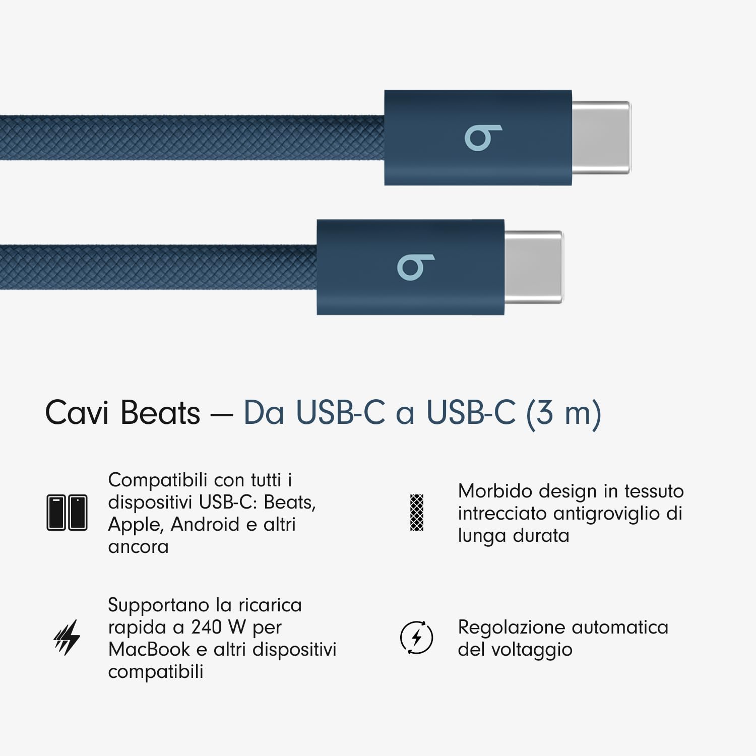 Beats Cavo USB-C a USB-C 240W 3 m Blu burrasca intrecciato